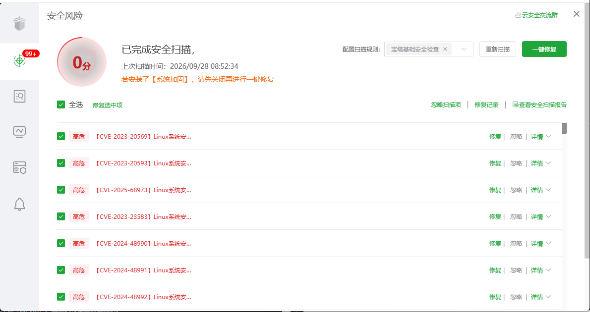 宝塔面板安全风险扫描：修复前 0 分，高危漏洞一片